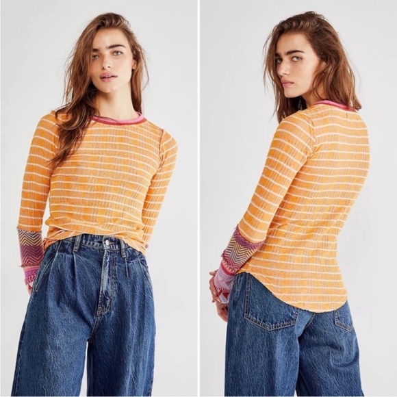 We The Free Tops - Free People Stripped Alpine Knit Crochet Long Sleeve Top